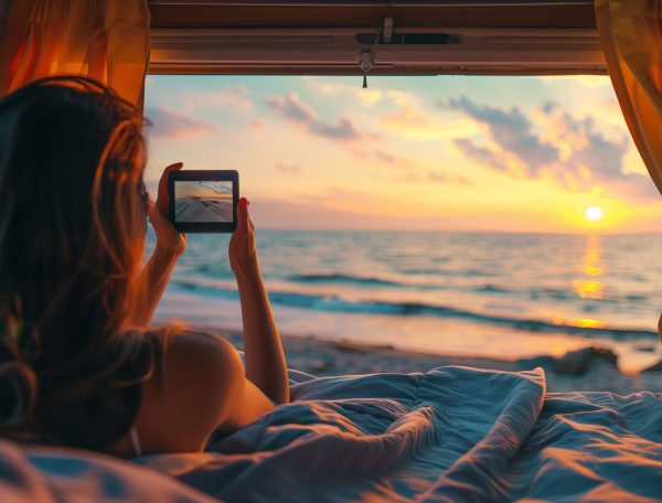 Woman Taking Photo of Sunset from Camper Van. A woman is seen inside a cozy camper van, taking a photo of a breathtaking sunset over the ocean with her phone.